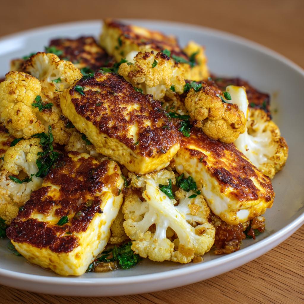 Chou-fleur rôti au miel et halloumi au curry