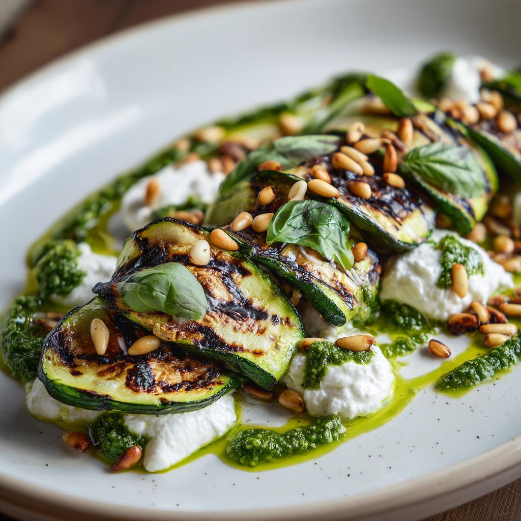 Courgettes Grillées avec Stracciatella et Pesto