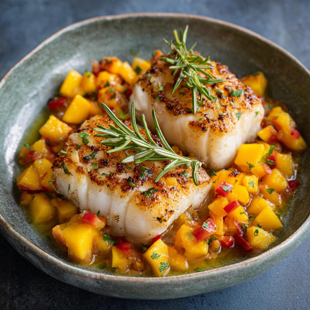 Filet de Cabillaud à la Pêche et Romarin