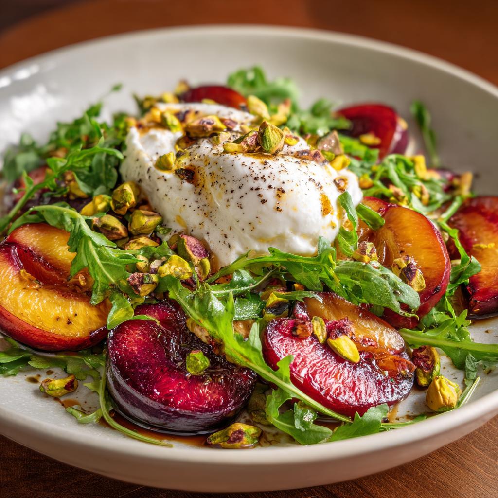 Salade de Prunes Rôties avec Burrata et Pistaches