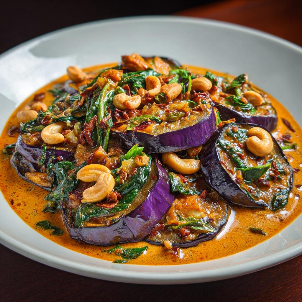 Aubergines au Curry Rouge avec Lentilles et Noix de Cajou