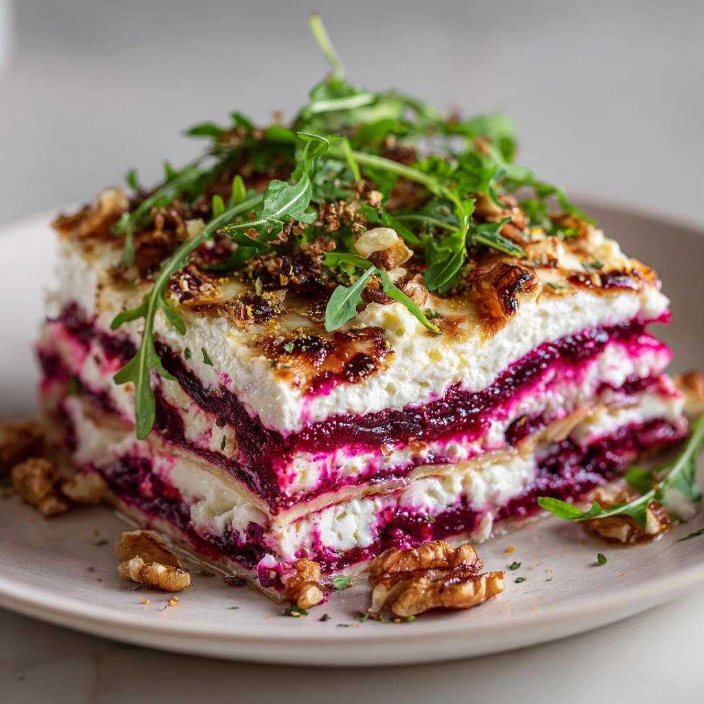 Lasagne froide de betterave, fromage de chèvre et noix