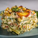 Lasagne froide de courgettes, feta et pêches
