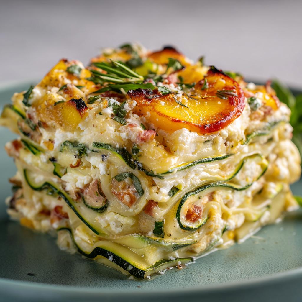 Lasagne froide de courgettes, feta et pêches