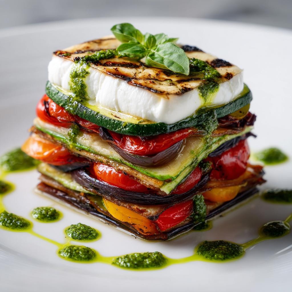 Millefeuille de Légumes Grillés avec Burrata et Pesto