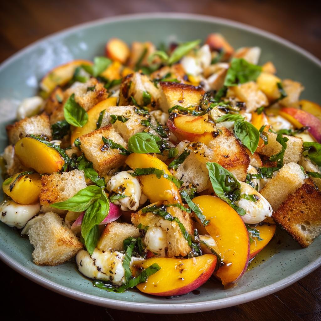 Panzanella aux Pêches Jaunes, Basilic et Mozzarella