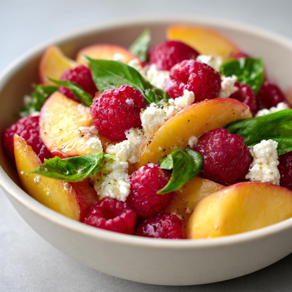 Salade de Framboises, Pêches, Feta et Basilic