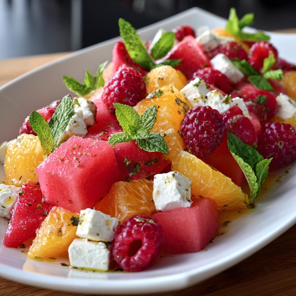 Salade de Melon, Framboises, Feta et Orange