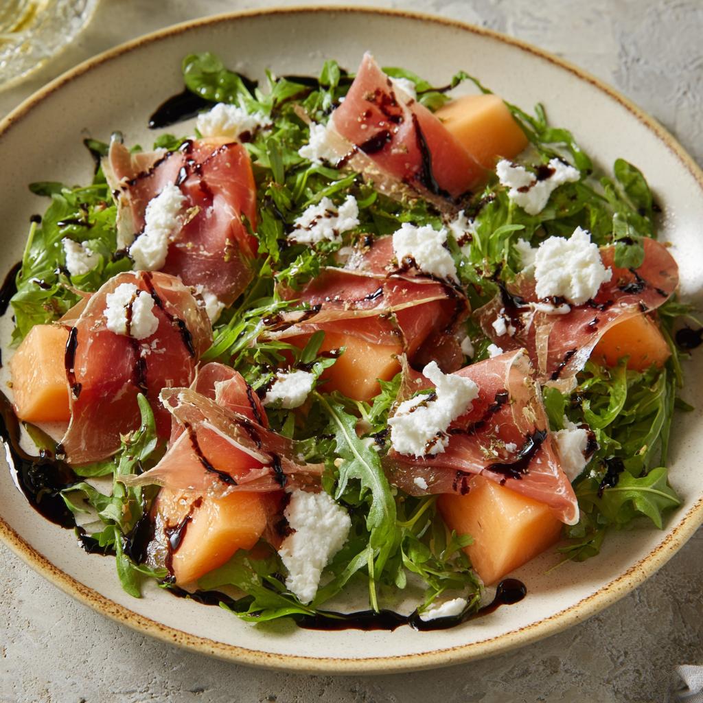Salade de Melon, Prosciutto et Fromage de Chèvre Frais