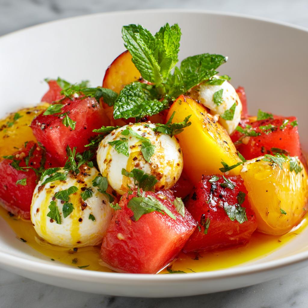 Salade de Pastèque et Nectarine avec Fromage de Chèvre Chaud