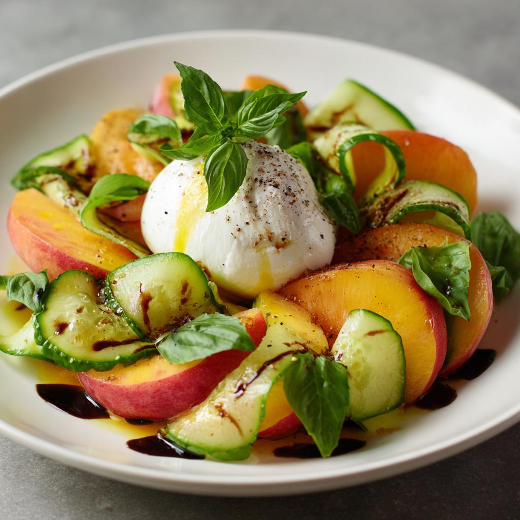 Salade de Pêches Blanches, Concombres et Burrata