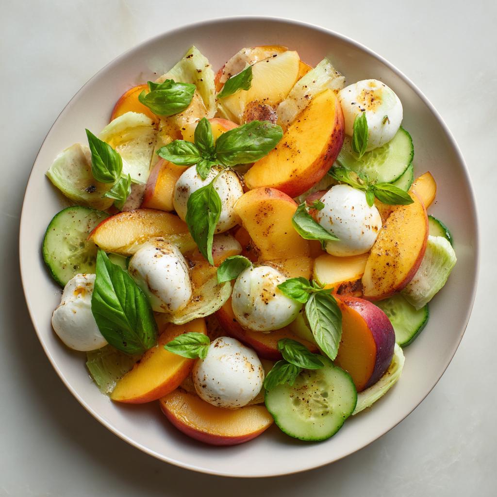 Salade de Pêches, Concombres et Mozzarella