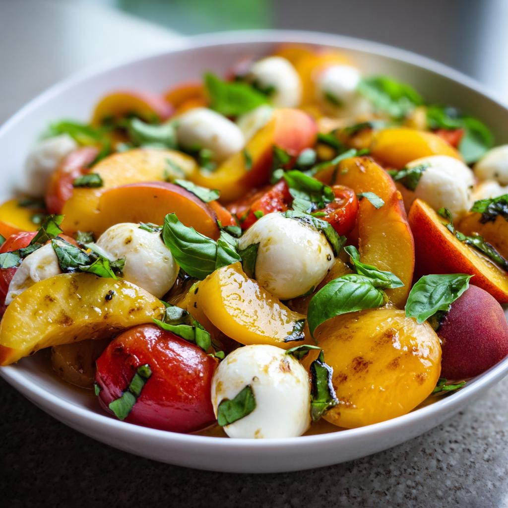 Salade de Pêches, Tomates, Mozzarella et Basilic