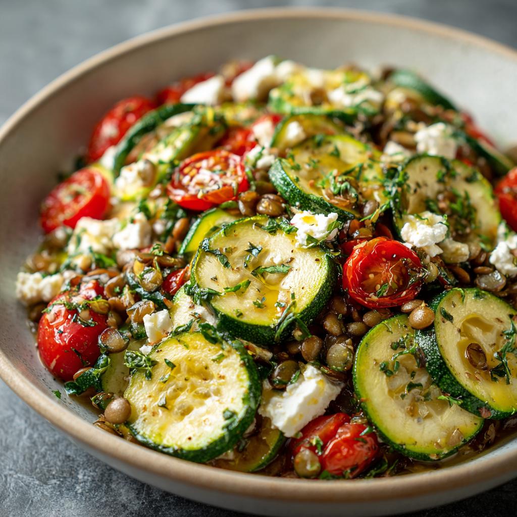 Salade tiède de courgettes, lentilles et feta