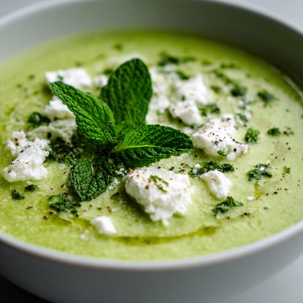 Soupe froide de courgettes à la menthe avec fromage de chèvre frais