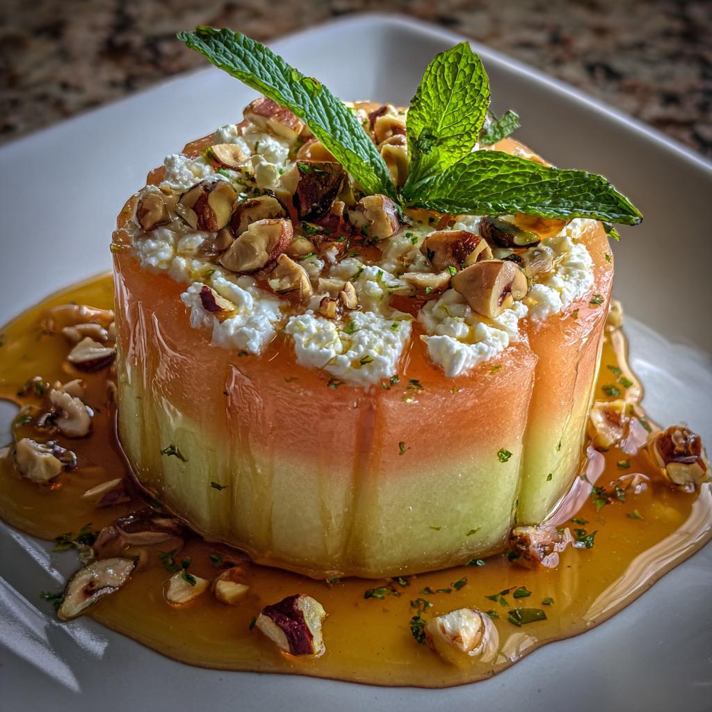 Timbale de Melon au Fromage de Chèvre Frais, Noisettes et Miel - detail 1