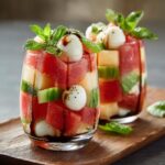 Verrines Melon, Pastèque, Mozzarella, Basilic