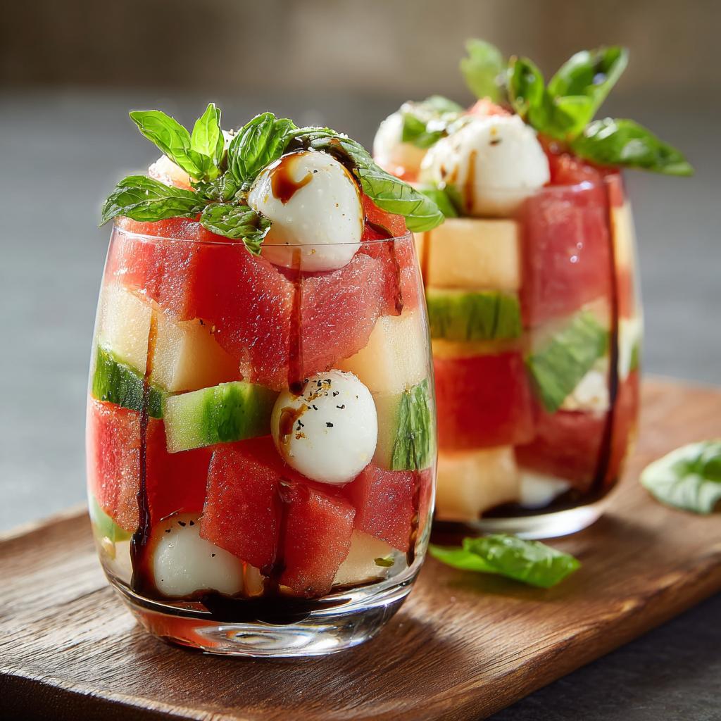 Verrines Melon, Pastèque, Mozzarella, Basilic