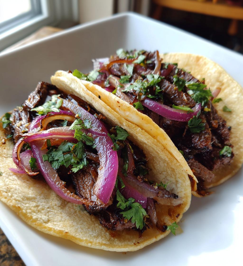 Tacos au steak mariné et oignons rouges