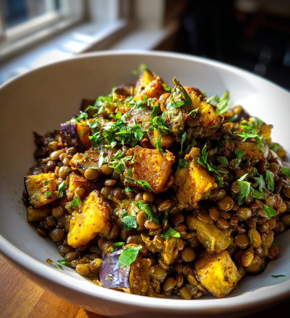 salade tiede de lentilles aubergine rotie