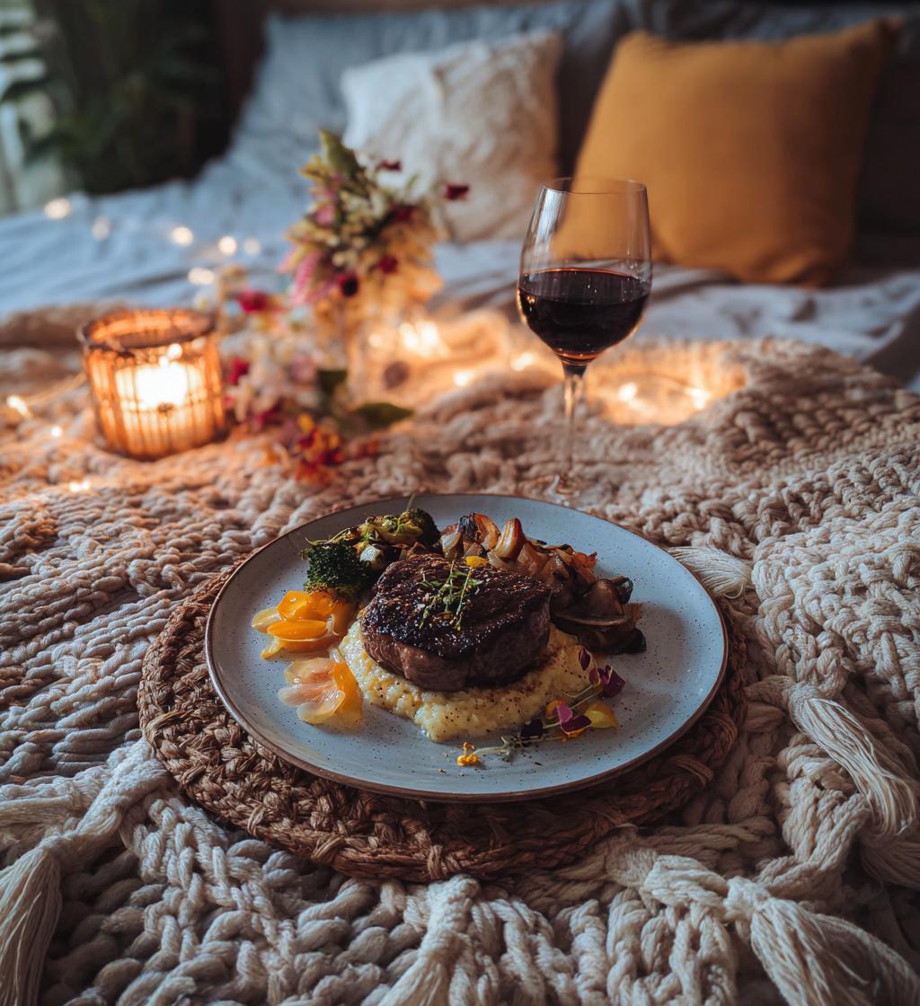 at home romantic dinner setup on floor